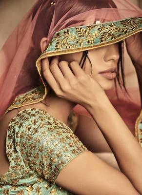 dark aqua blue embroidered art silk unstitched lehenga 3