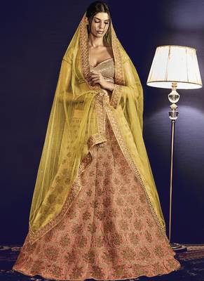 Dark Peach Embroidered Art Silk Unstitched Lehenga 1