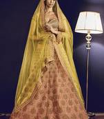 Dark Peach Embroidered Art Silk Unstitched Lehenga