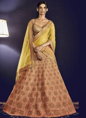 Dark Peach Embroidered Art Silk Unstitched Lehenga 2