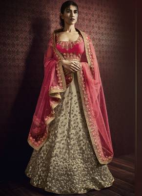 beige embroidered net unstitched lehenga 1