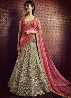 beige embroidered net unstitched lehenga 2
