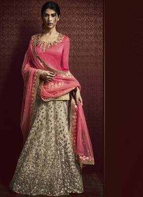 beige embroidered net unstitched lehenga 3