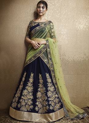 Dark Navy Blue Embroidered Velvet Unstitched Lehenga 1