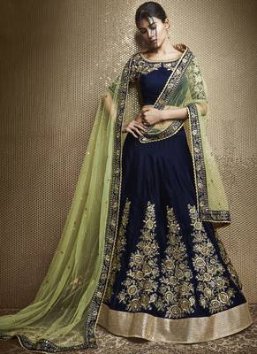 Dark Navy Blue Embroidered Velvet Unstitched Lehenga 2