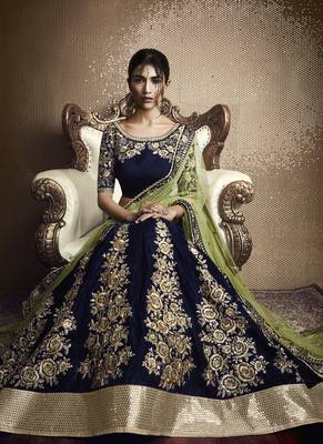 Dark Navy Blue Embroidered Velvet Unstitched Lehenga 3