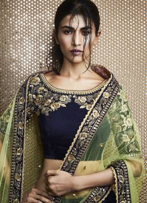 Dark Navy Blue Embroidered Velvet Unstitched Lehenga 4