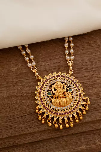 Off-white pearl necklace LONG with big laxmi pendant one gram gold