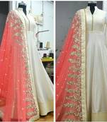 white embroidered dupion silk semi stitched salwar with dupatta