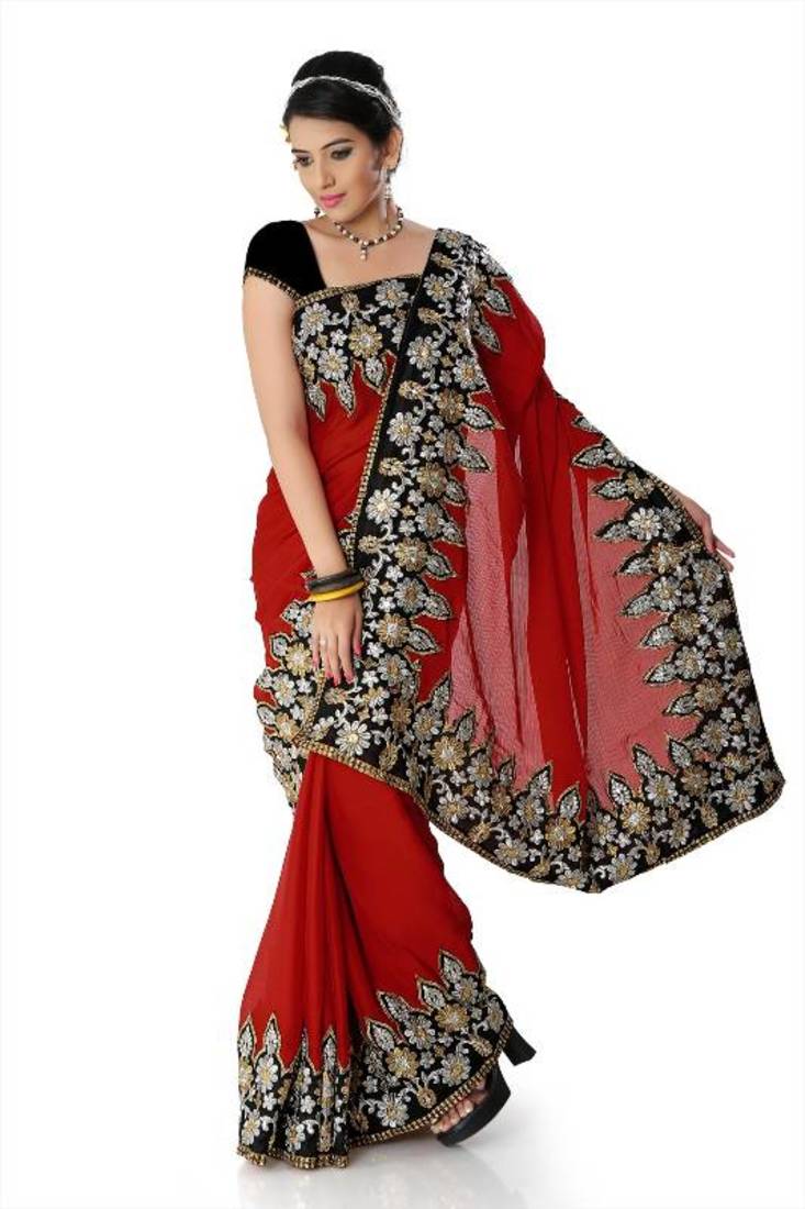 Red Printed Poly Chiffon Saree With Unstitched Blouse Piece main image 1