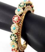 Navratna Stones Copper Gold Plated Pearl Meenakari Work Opnable Kada Bangle
