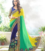 Yellow, Green and Navy Blue embroidered georgette saree with blouse