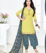 Yellow printed cotton unstitched punjabi ladies suit with dupatta