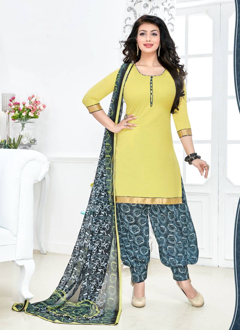 Yellow printed cotton unstitched punjabi ladies suit with dupatta