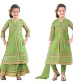 Green embroidery and print dupion with netted fabric mastani dress kids girls