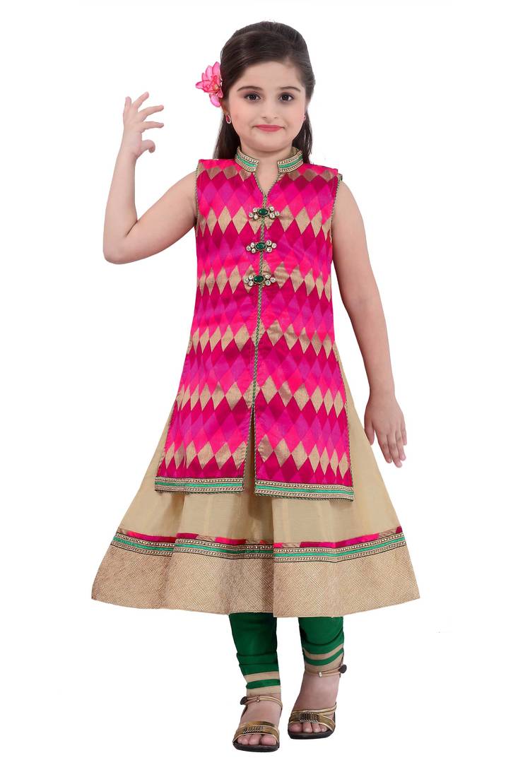 Pink embroidery and print dupion with netted fabric mastani dress kids girls