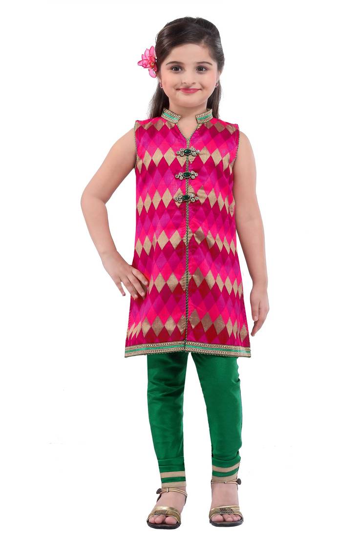 Pink embroidery and print dupion with netted fabric mastani dress kids girls