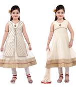 Cream embroidery and print dupion with netted fabric mastani dress kids girls
