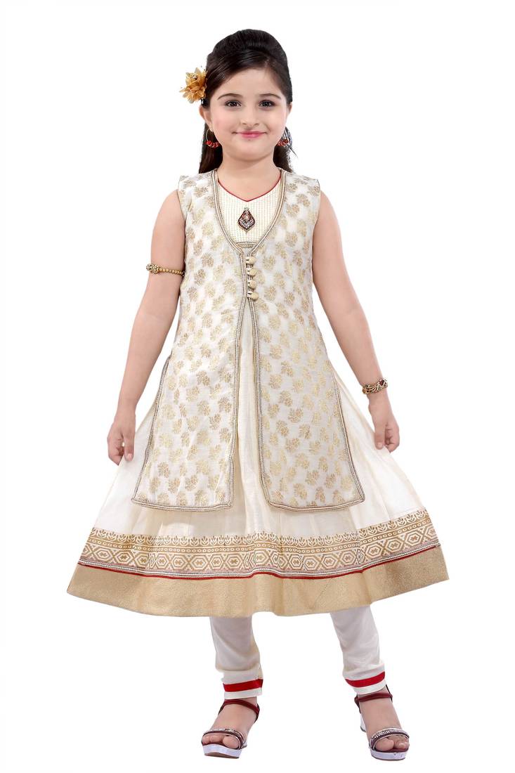 Cream embroidery and print dupion with netted fabric mastani dress kids girls