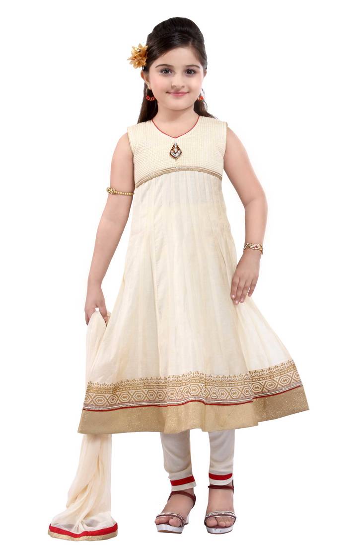 Cream embroidery and print dupion with netted fabric mastani dress kids girls