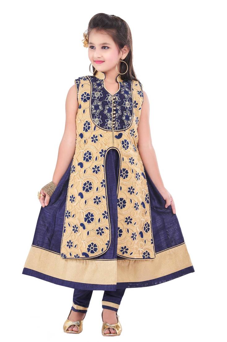 Navy embroidery and print dupion with netted fabric mastani dress kids girls