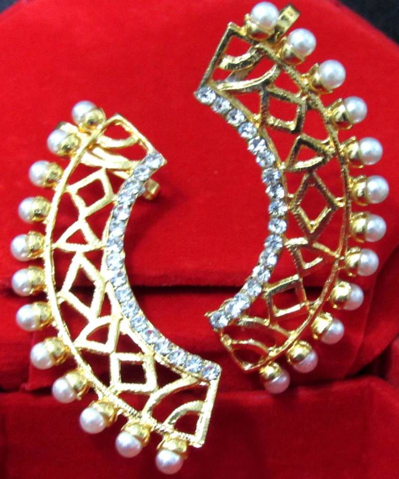 Golden Pearl Stone Kaan Earring - Shree Mauli Creation - 1518919