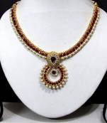 Maroon Stone Pearl Polki Pendant Necklace Set