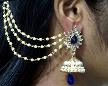Dark Blue Drop Jhumka With Pearl Ear Chain Earring 1