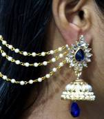 Dark Blue Drop Jhumka With Pearl Ear Chain Earring