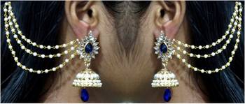 Dark Blue Drop Jhumka With Pearl Ear Chain Earring 2
