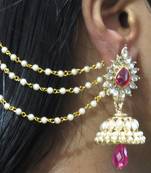 Dark Pink Drop Jhumka With Pearl Ear Chain Earring