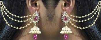 Dark Pink Drop Jhumka With Pearl Ear Chain Earring 2