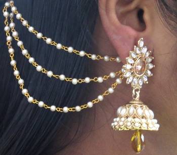 Yellow Drop Jhumka With Pearl Ear Chain Earring 2