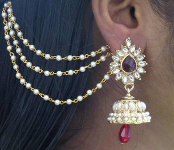 Maroon Drop Jhumka With Pearl Ear Chain Earring 1