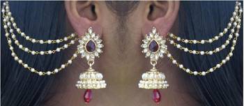 Maroon Drop Jhumka With Pearl Ear Chain Earring 2