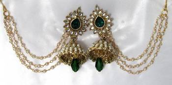 Green Drop Jhumka With Pearl Ear Chain Earring 1
