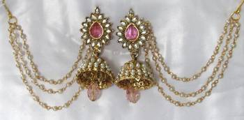 Pink Drop Jhumka With Pearl Ear Chain Earring 1