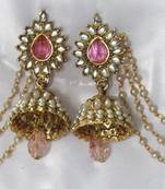 Pink Drop Jhumka With Pearl Ear Chain Earring
