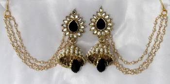 Black Drop Jhumka With Pearl Ear Chain Earring 1