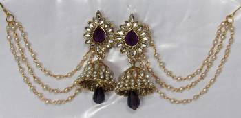 Purple Drop Jhumka with Pearl Ear Chain Earring 1