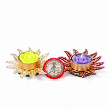 Traditional two floating diya with silver plated lakshmi ganesha coin 1