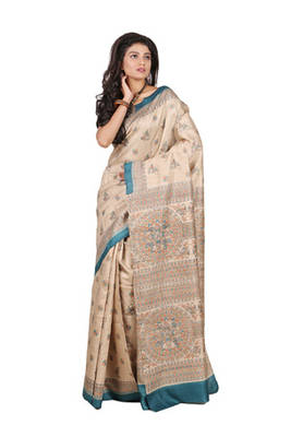 multicolor printed pure tussar silk saree with blouse 1