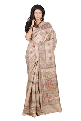 multicolor printed pure tussar silk saree with blouse 1