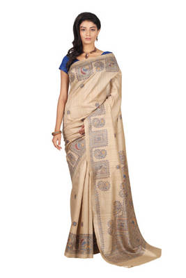multicolor printed pure tussar silk saree with blouse 1