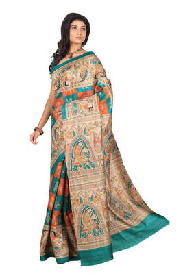multicolor printed pure tussar silk saree with blouse 1