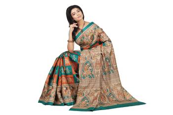 multicolor printed pure tussar silk saree with blouse 2