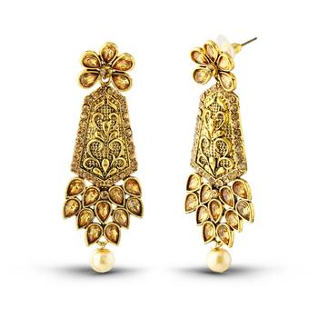 Exquitely Design Antique Gold Finish Pearl Drop Dangle Earrings 2