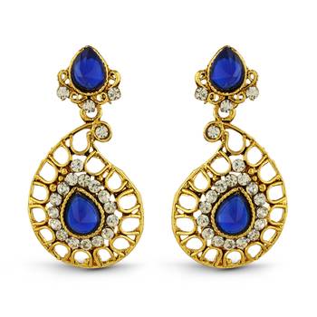 Blue Austrian Stone Gold Finish Classy Design Dangle Earrings 1