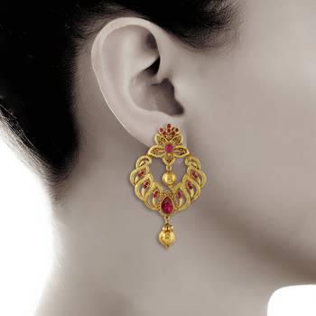 Golden Drop Pink Stone Gold Finish Exclusive Design Dangle Earrings 3