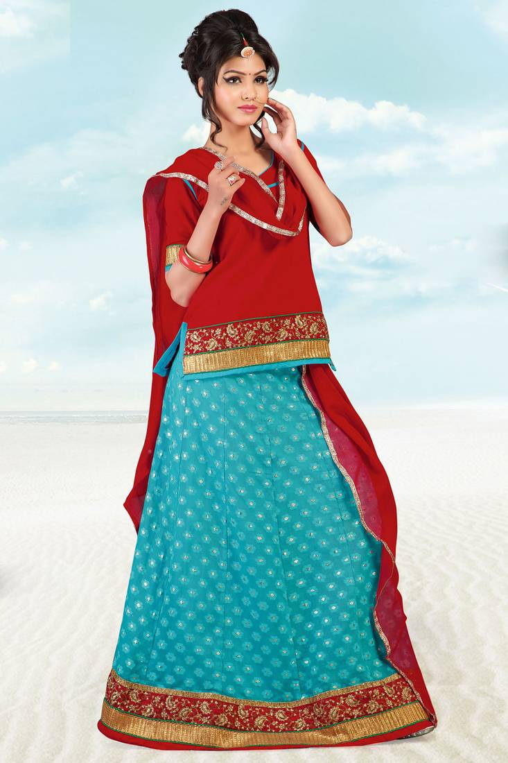 Red and Blue Cotton Jacquard Rajputi Poshak Admyrin 193607